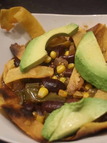 Bean, corn, avocado soup.