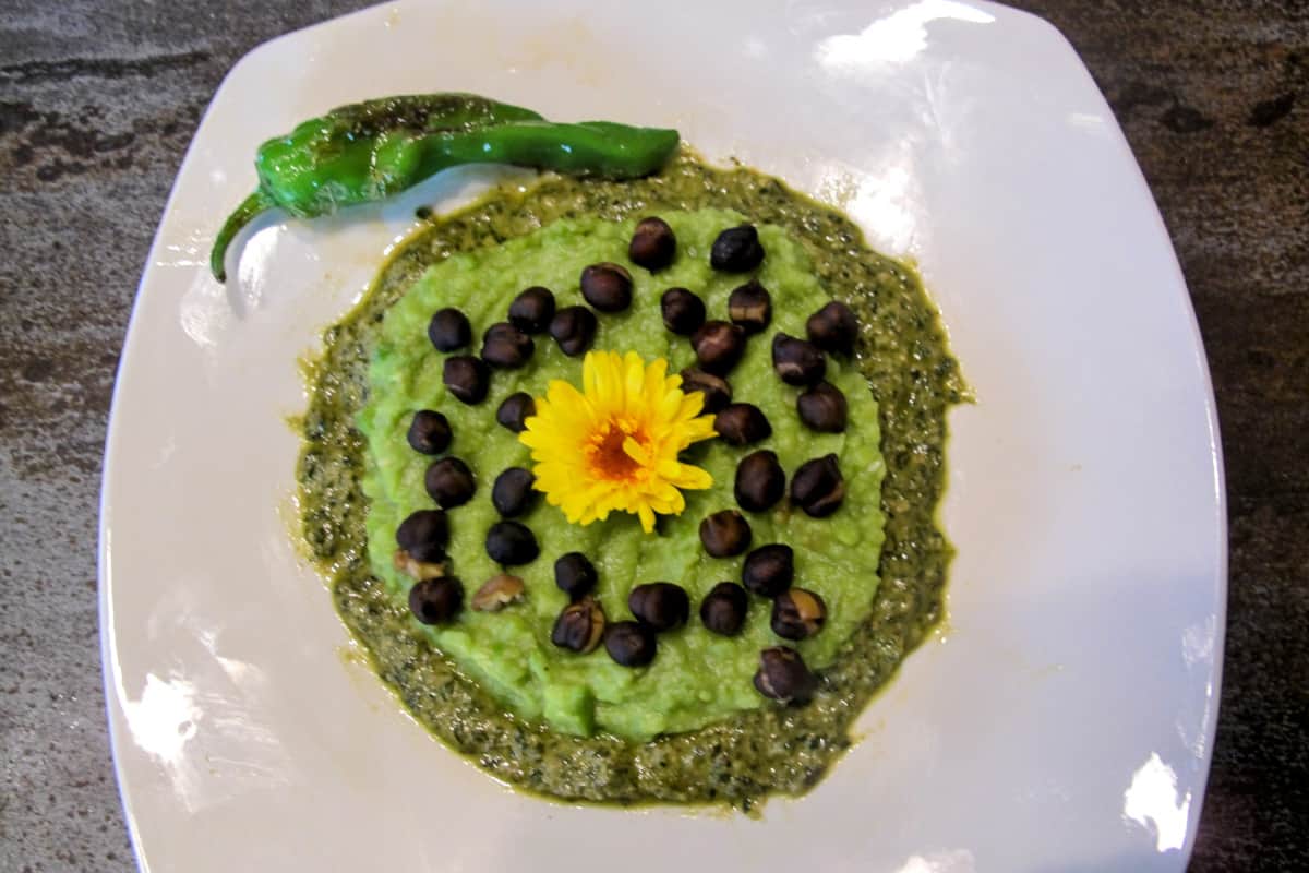 Ceci neri with fava bean puree, plating 1.