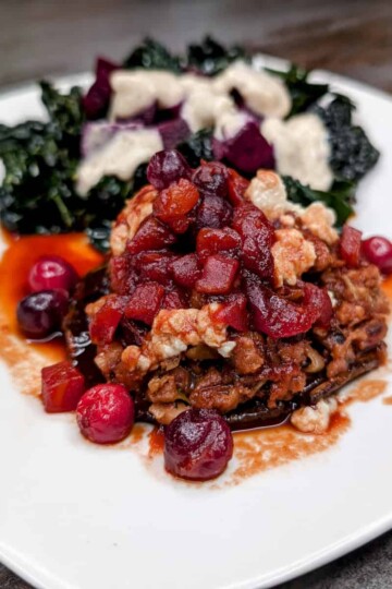 Lucky Black-Eyed Peas in Portobello Bowls with Gorgonzola and Cranberry Sauce