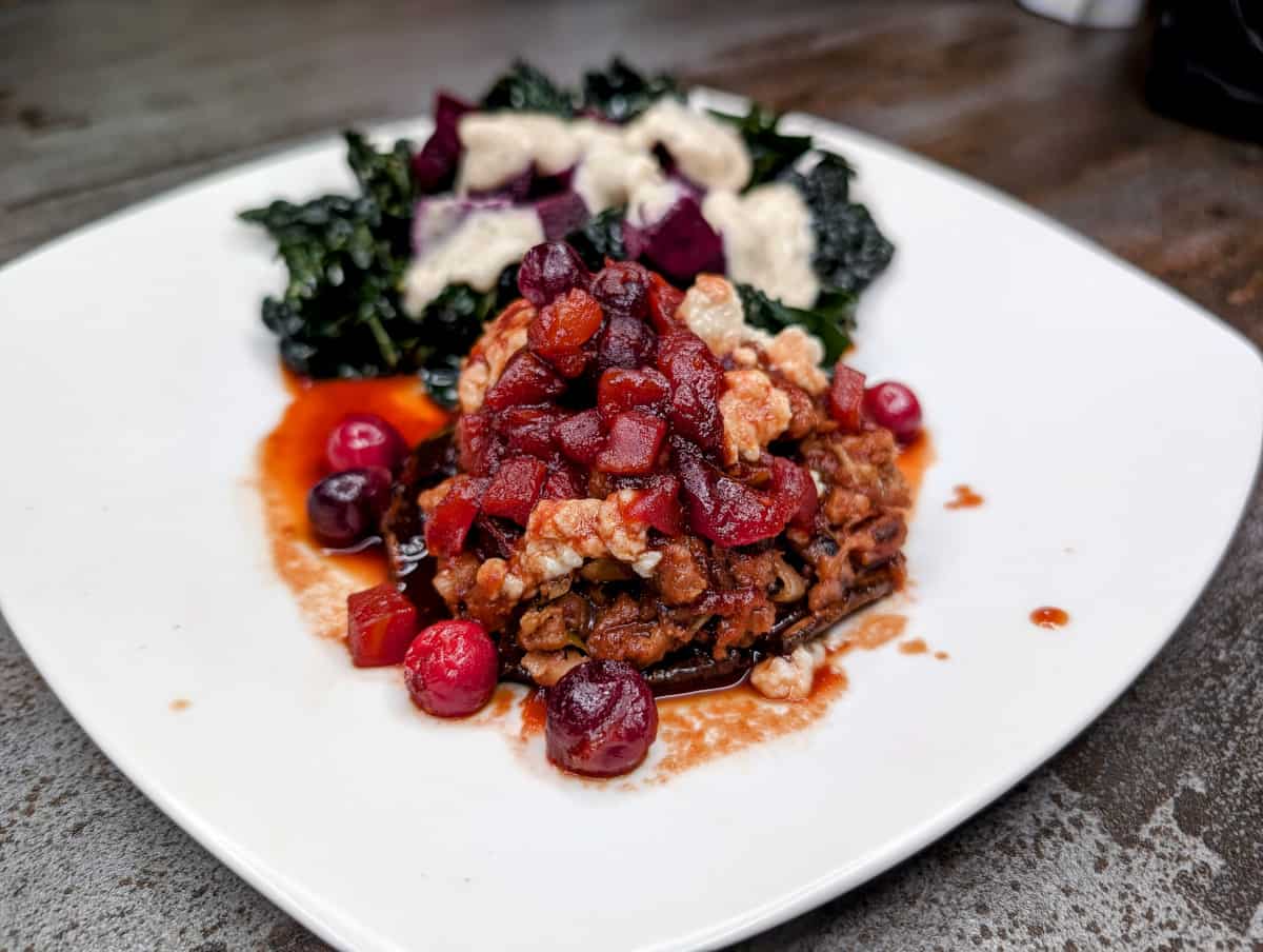 Lucky Black-Eyed Peas in Portobello Bowls with Gorgonzola and Cranberry Sauce