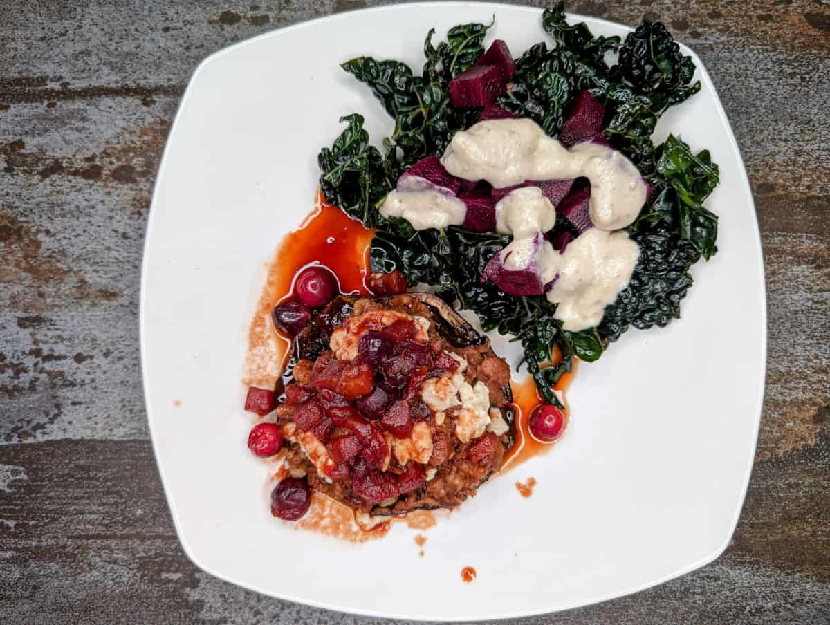 Lucky Black-Eyed Peas in Portobello Bowls with Gorgonzola and Cranberry Sauce