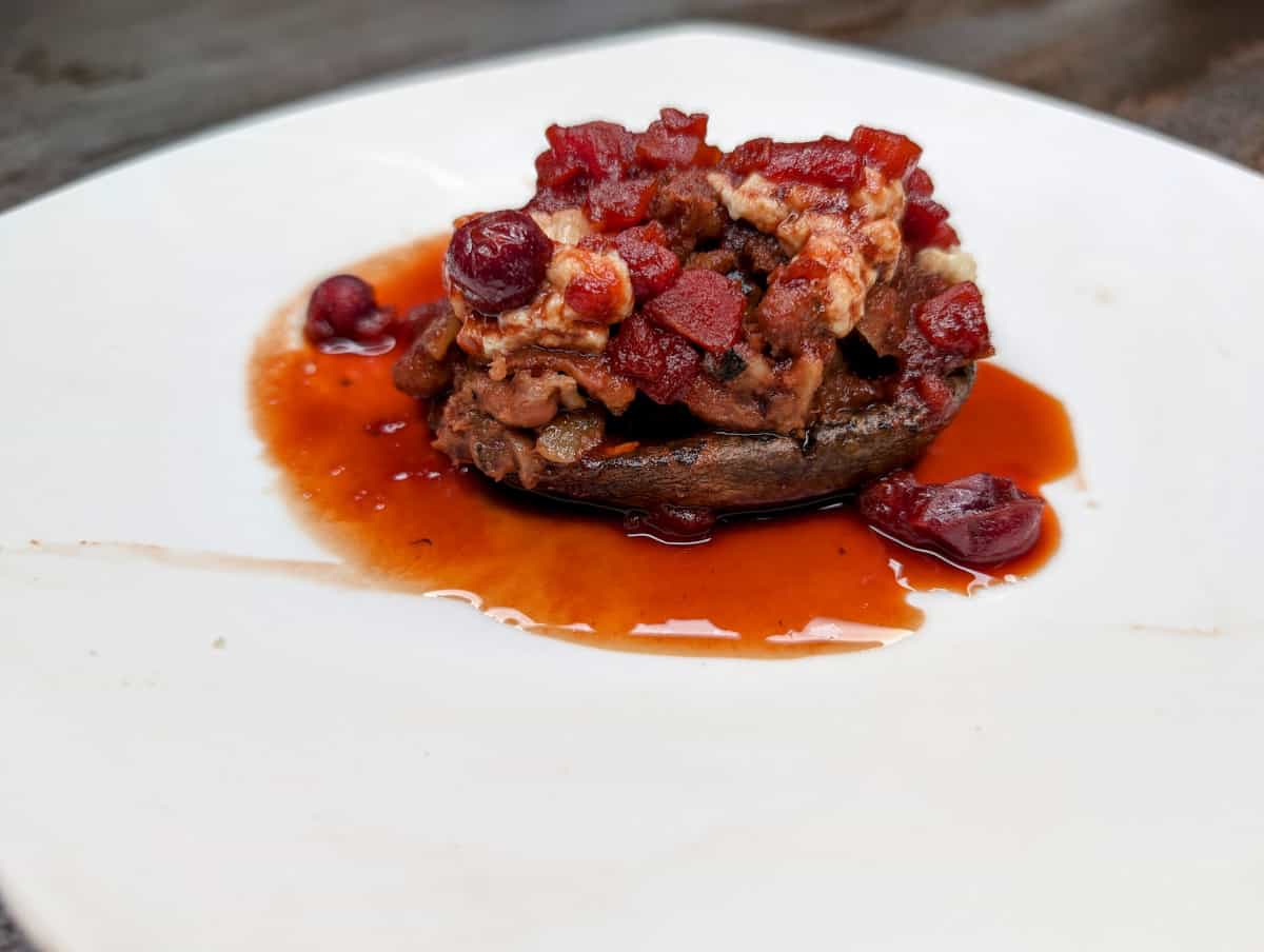 Lucky Black-Eyed Peas in Portobello Bowls with Gorgonzola and Cranberry Sauce