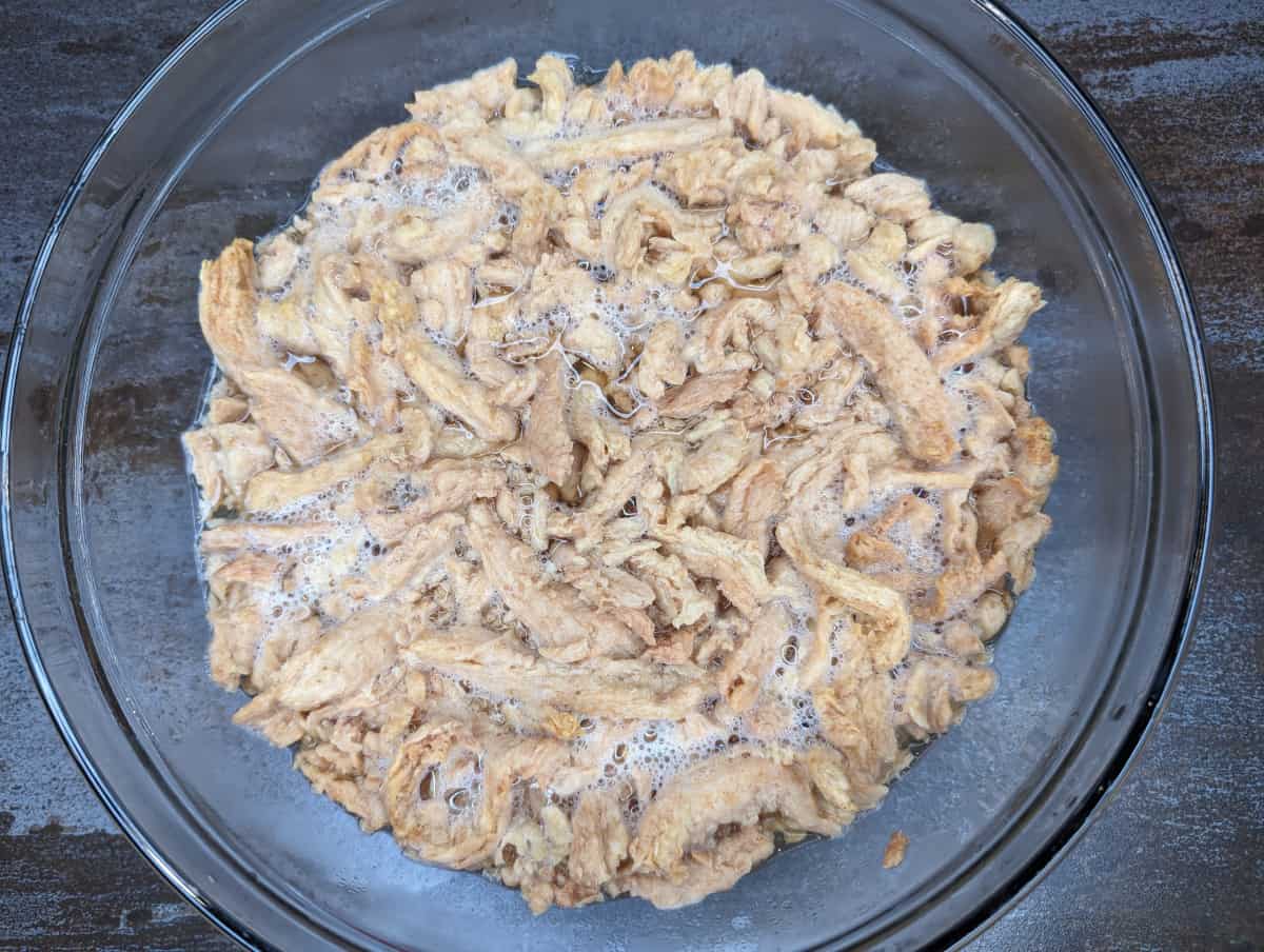 Mongolian soy curls in boiling water.