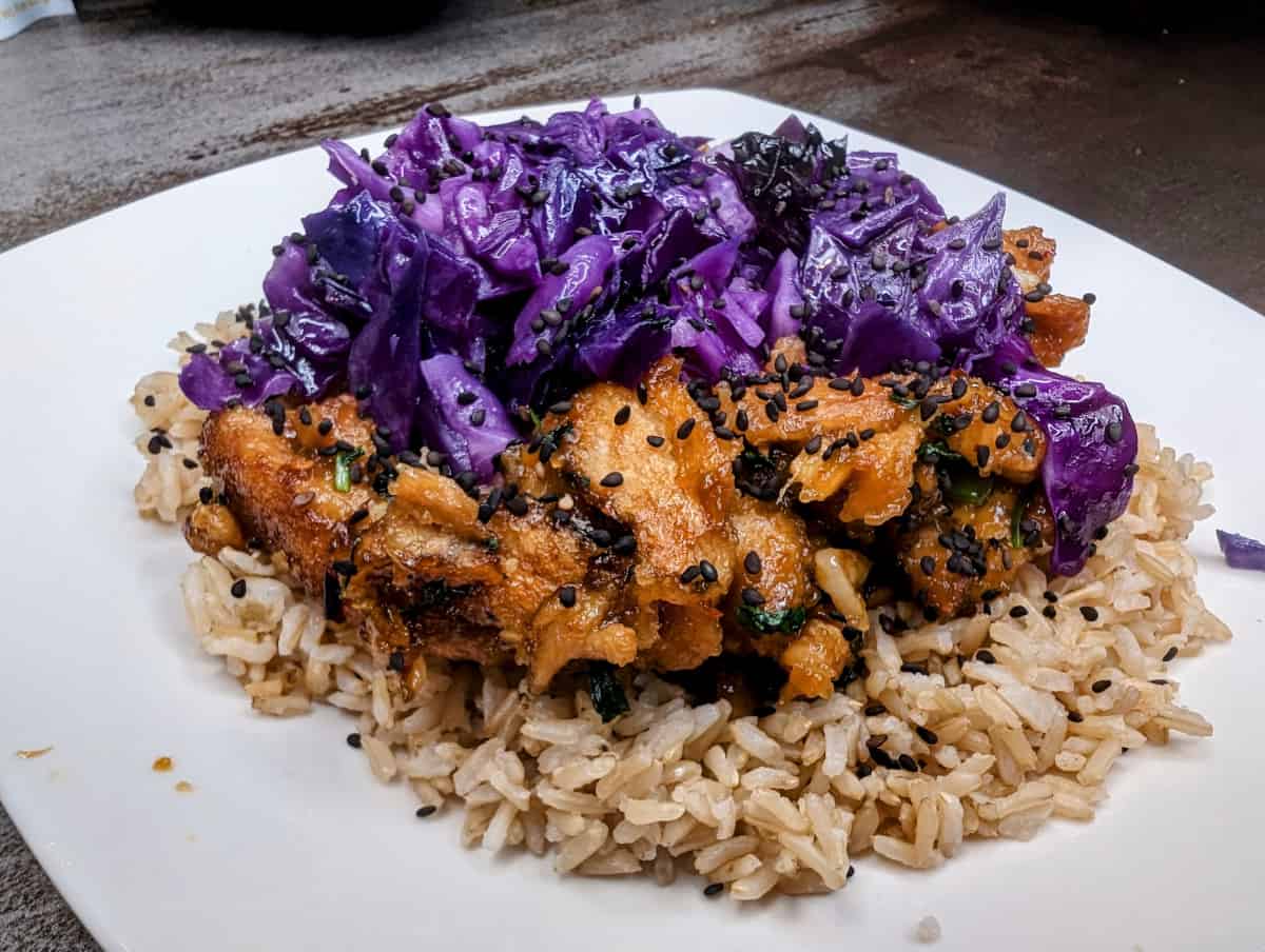 Mongolian soy curls topped with red cabbage.