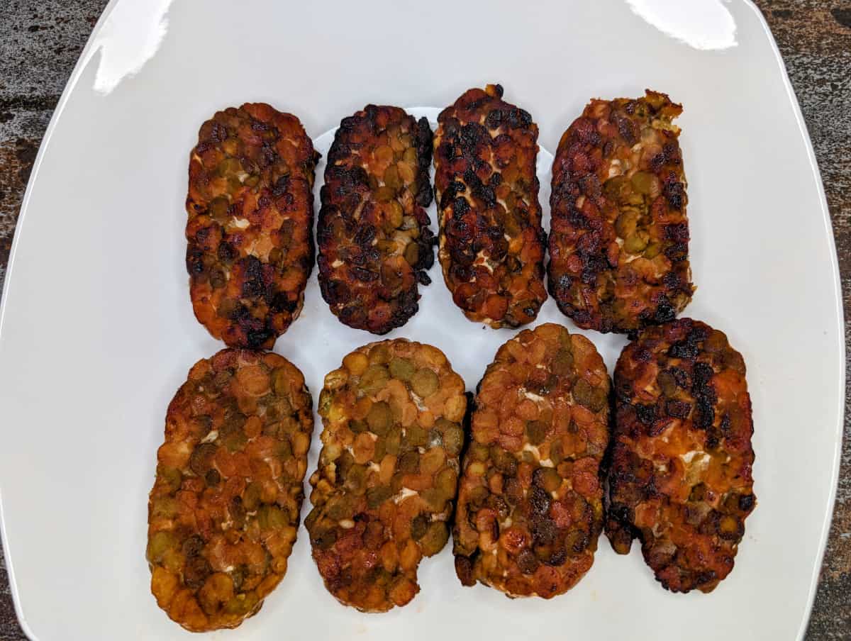 Smoked Tempeh Sandwich with Avocado, the tempeh after it is seared.