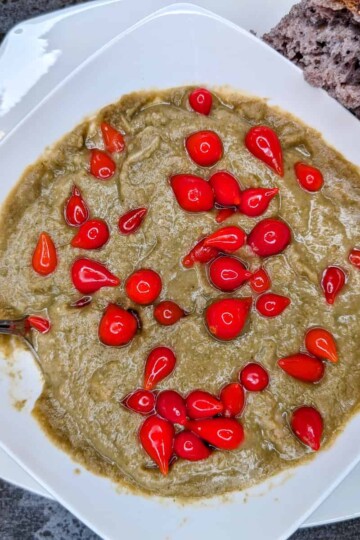 Split pea and brocolli soup with Peruvian Pearl Peppers.