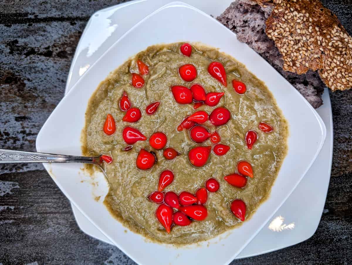 Split pea and brocolli soup with Peruvian Pearl Peppers.