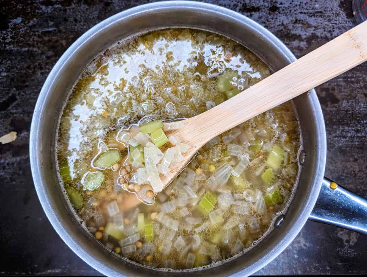 Lentil Soup with Miso, in pan fully cooked.