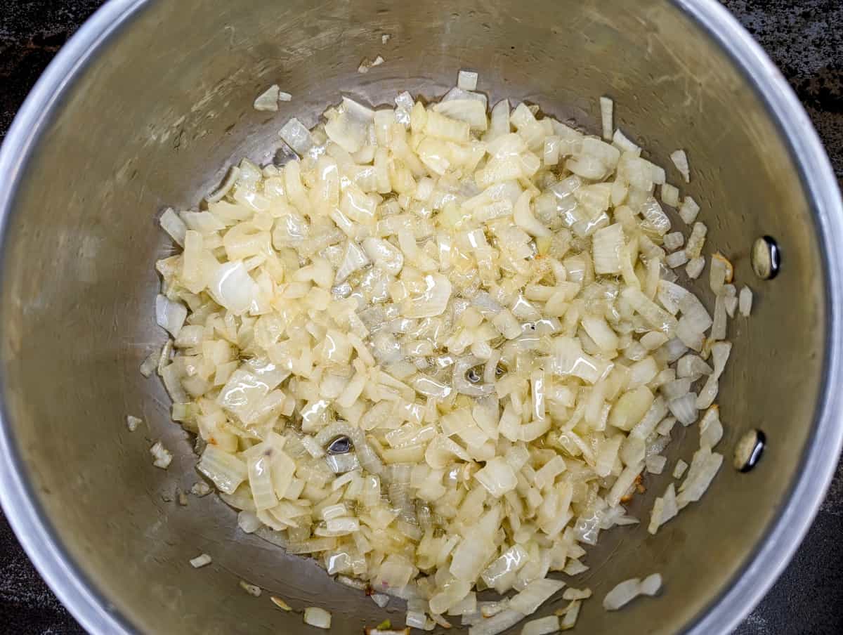 Lentil Soup with Miso, in pan onions sauteed.