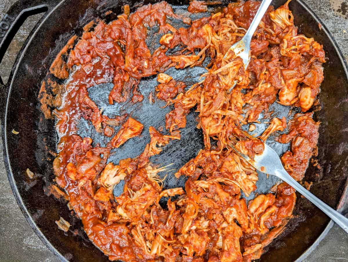 Sloppy Jacks, in pan, shredding with forks.