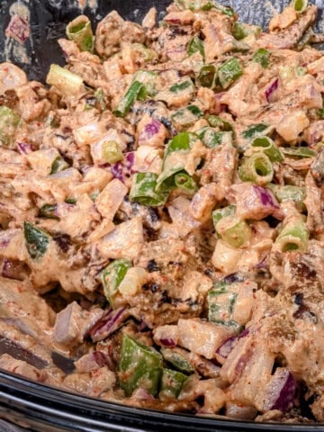 Seitan tahini salad, with onions and jalapeños.