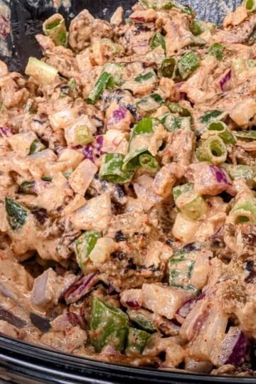 Seitan tahini salad, with onions and jalapeños.