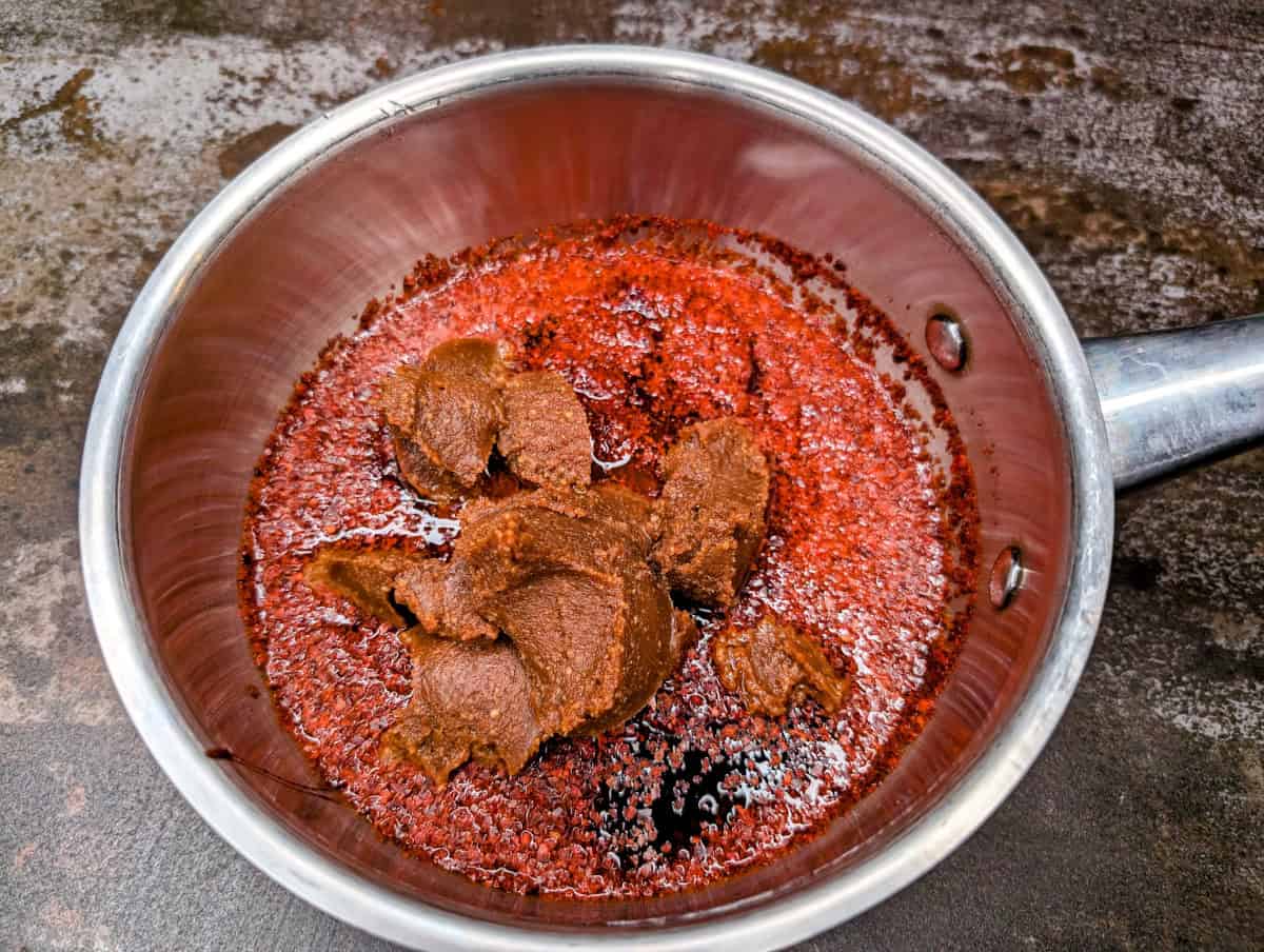 Gochujang sauce, step 4 add miso to the saucepan.