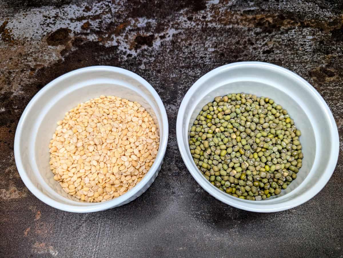 Mung beans, split and hulled on left, whole and with skins on the right.