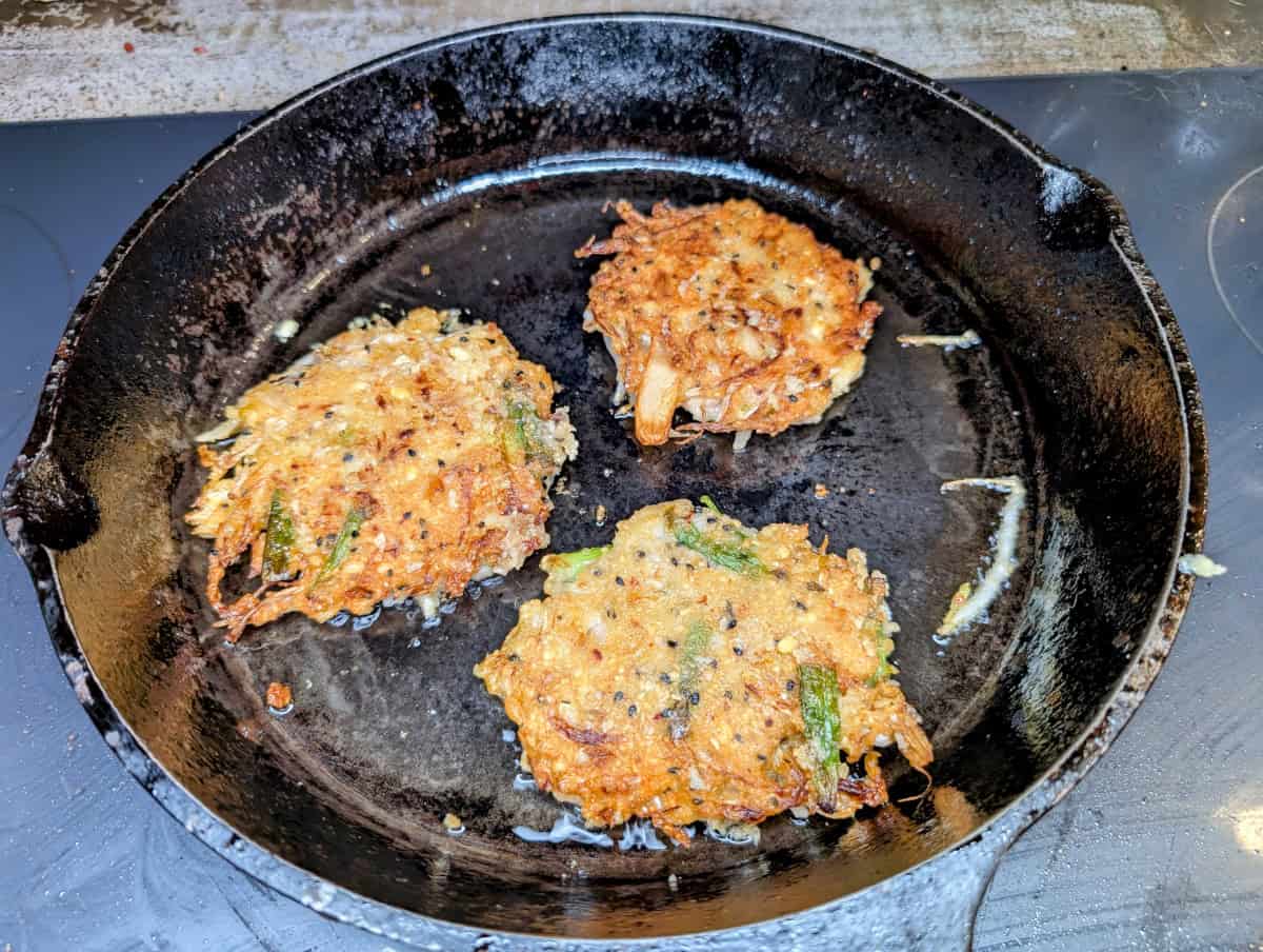 Mung Bean Pancakes, Step 14, When the pancakes are nicely browned and crisped on one side, flip them over and cook until that side is nicely crisp and browned as well.