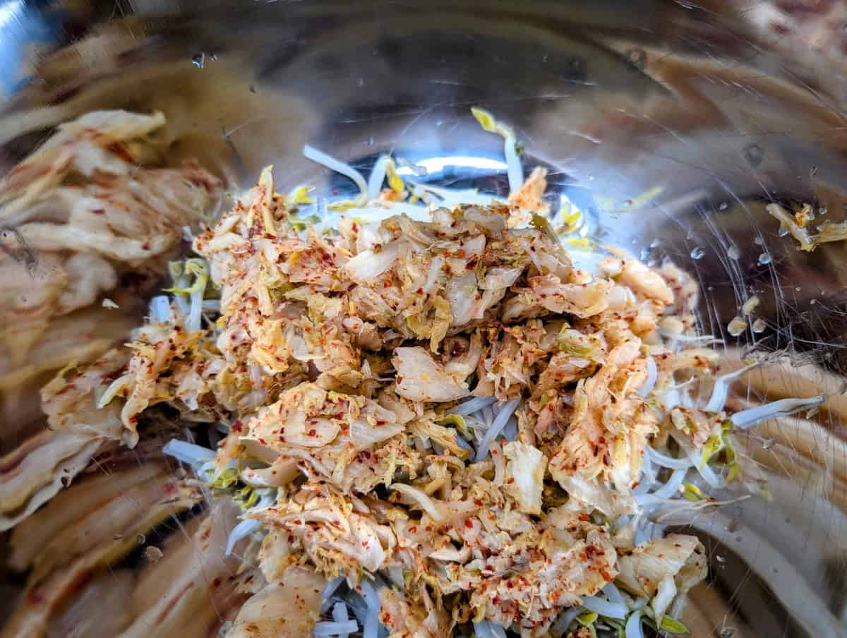 Mung Bean Pancakes, Step 7, Add the drained and squeezed kimchi to the bowl.