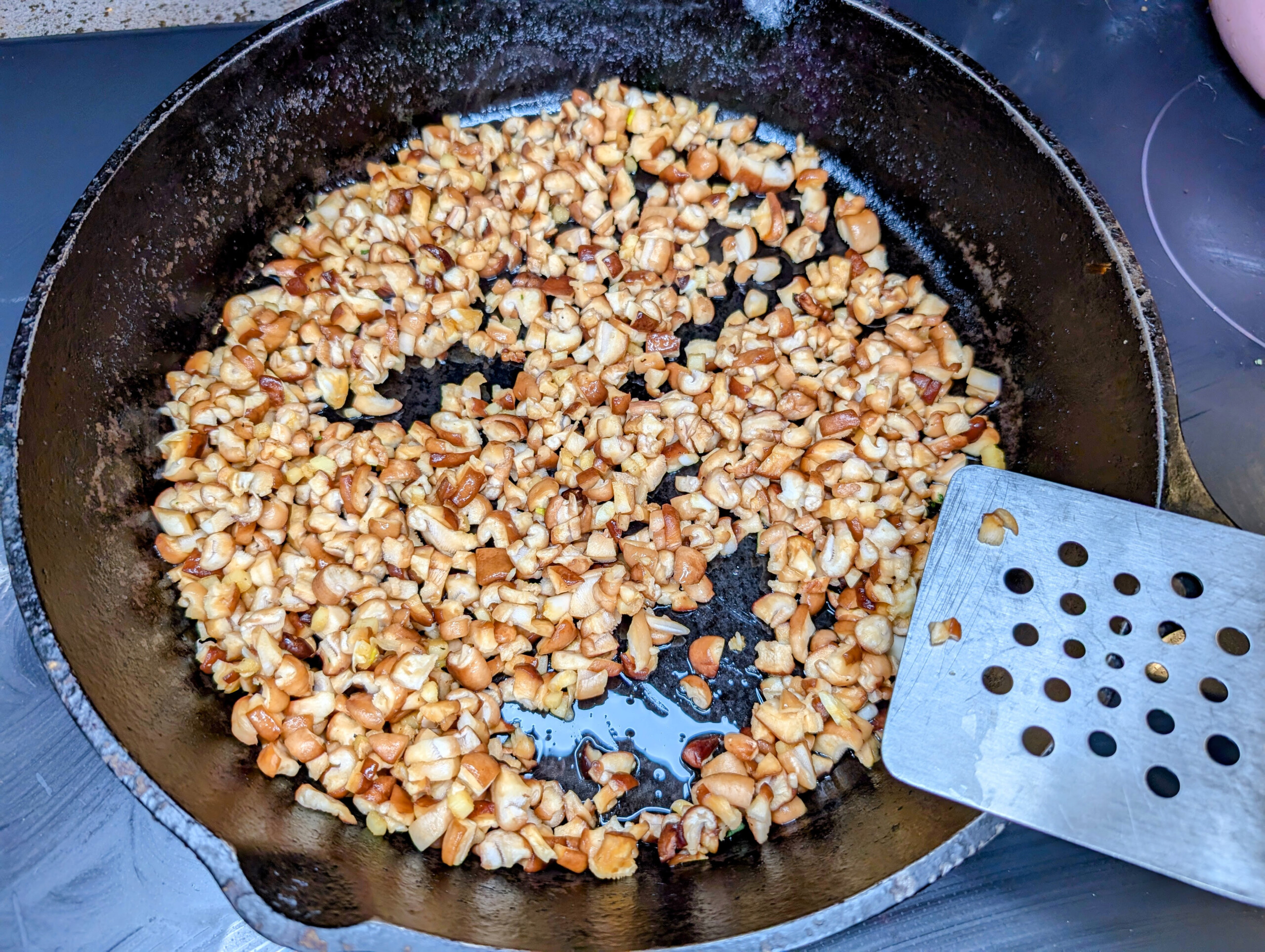 Step 4, heat skillet, add sesame oil, when hot add marinated mushrooms