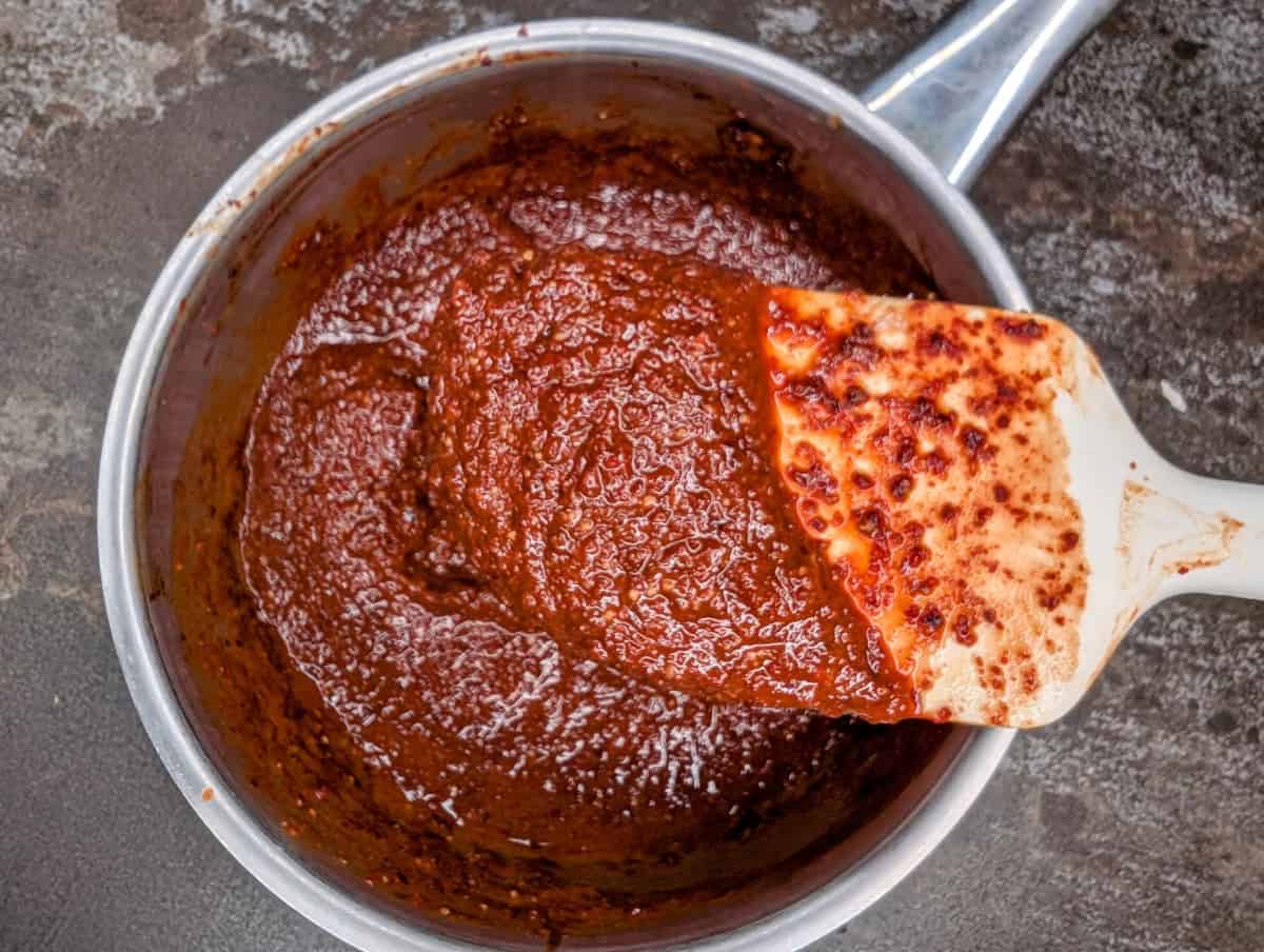 Gojujang sauce on a silicon spatula