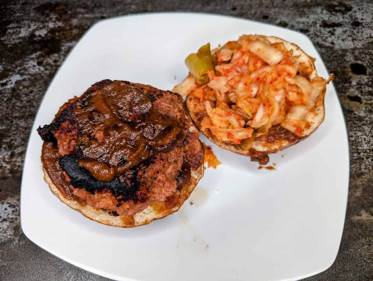 Korean BBQ sauce on a burger with kimchi