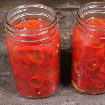quick pickled hot peppers in jar with brine
