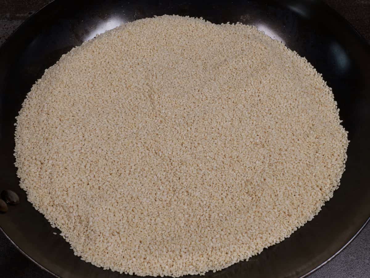 sesame seeds in the pan for roasting