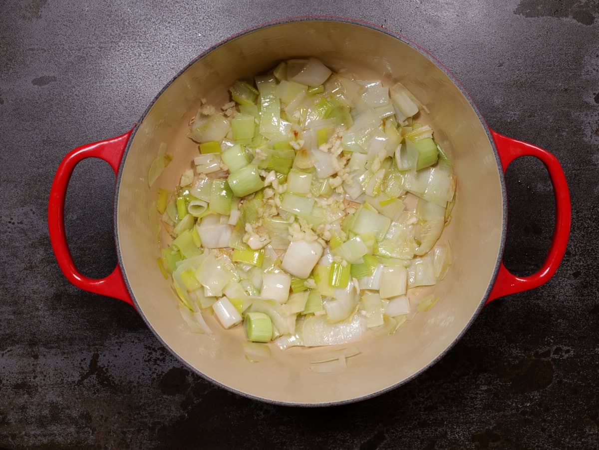 leeks cooked, garlic added