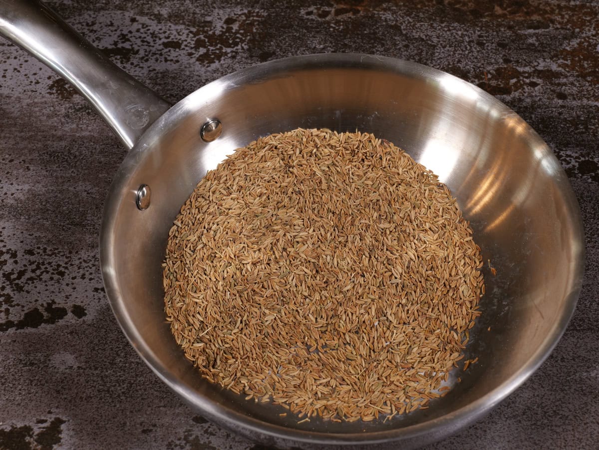 Step 2, za'atar seasoning mix. Remove cumin seeds from heat when browned.