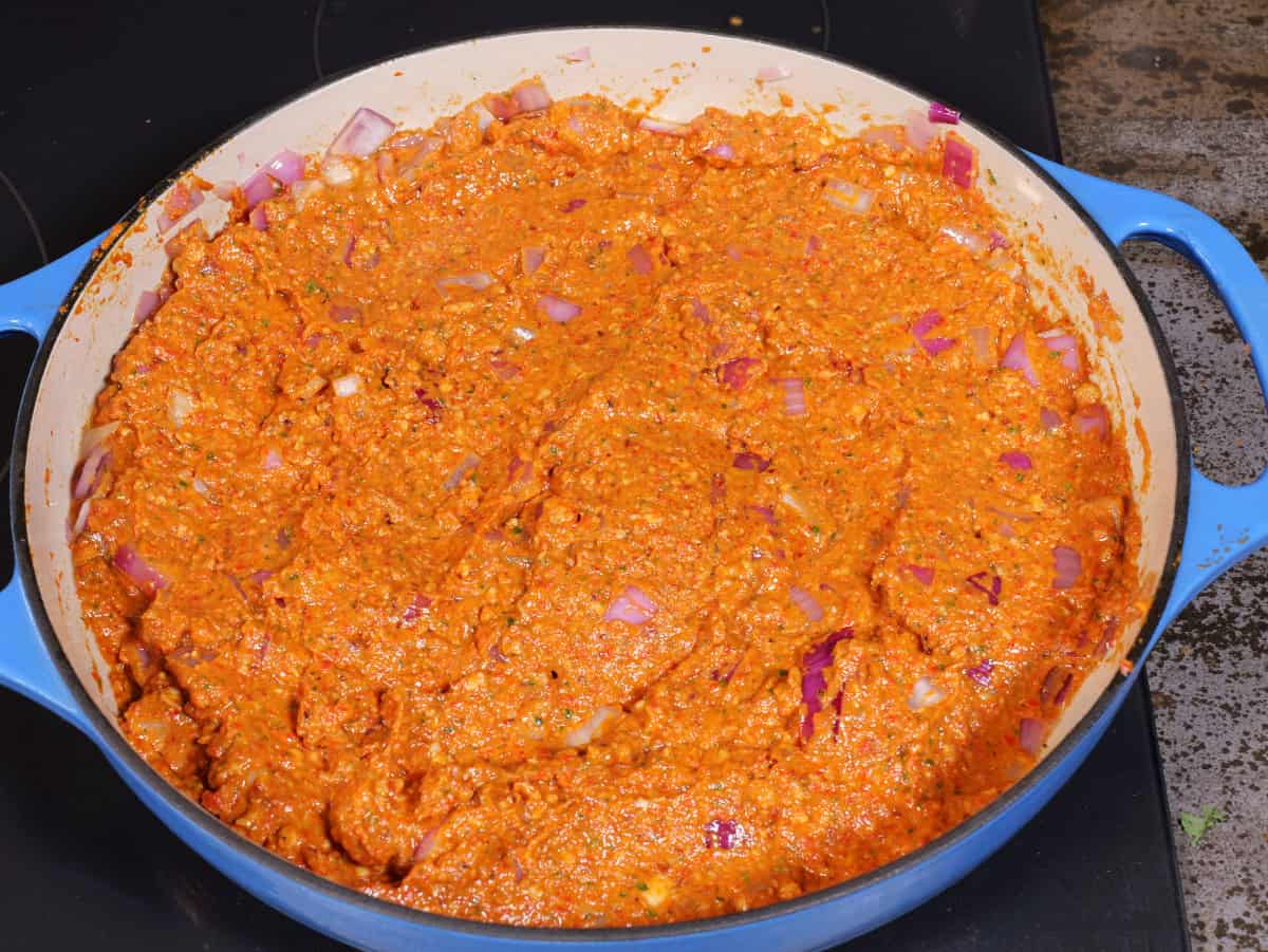 romesco sauce mixed with onions