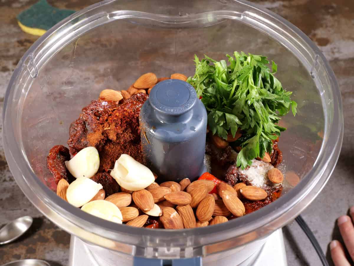 Romesco sauce, step 4, add rest of ingredients to food processor.