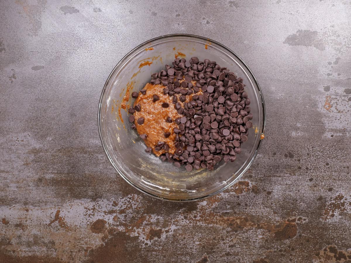 the combined ingredients with the chocolate chips on top