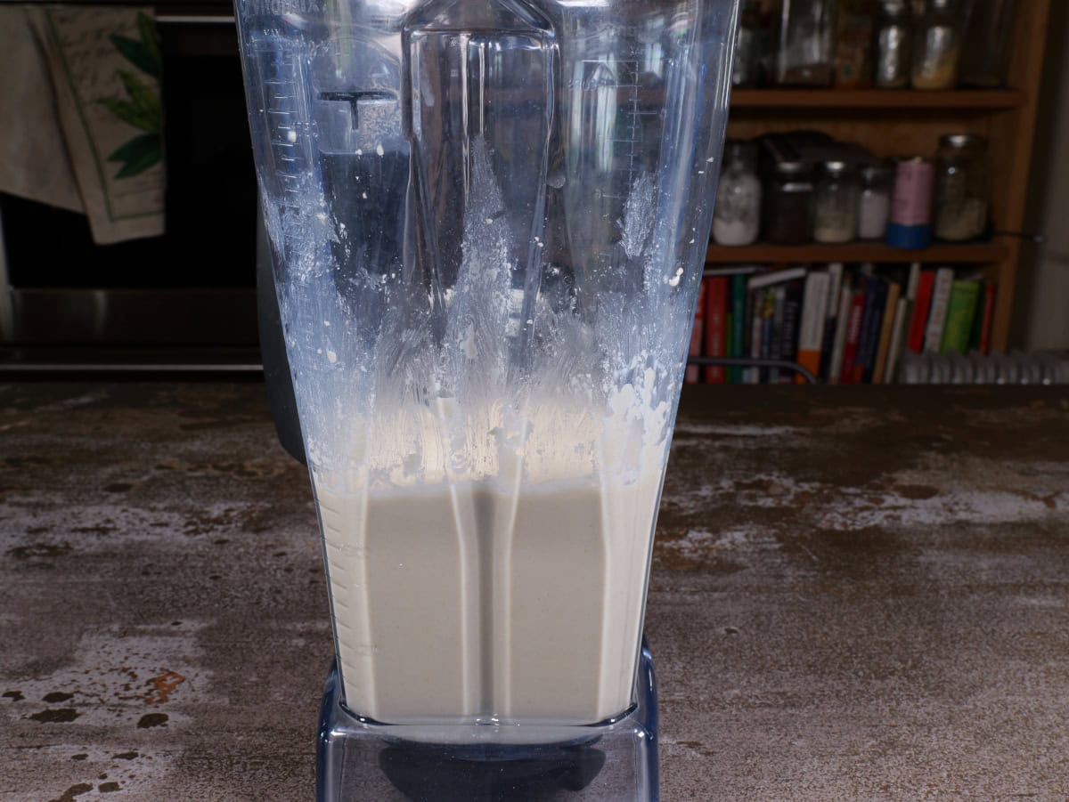 the sesame paste fully blended in a blender from the side