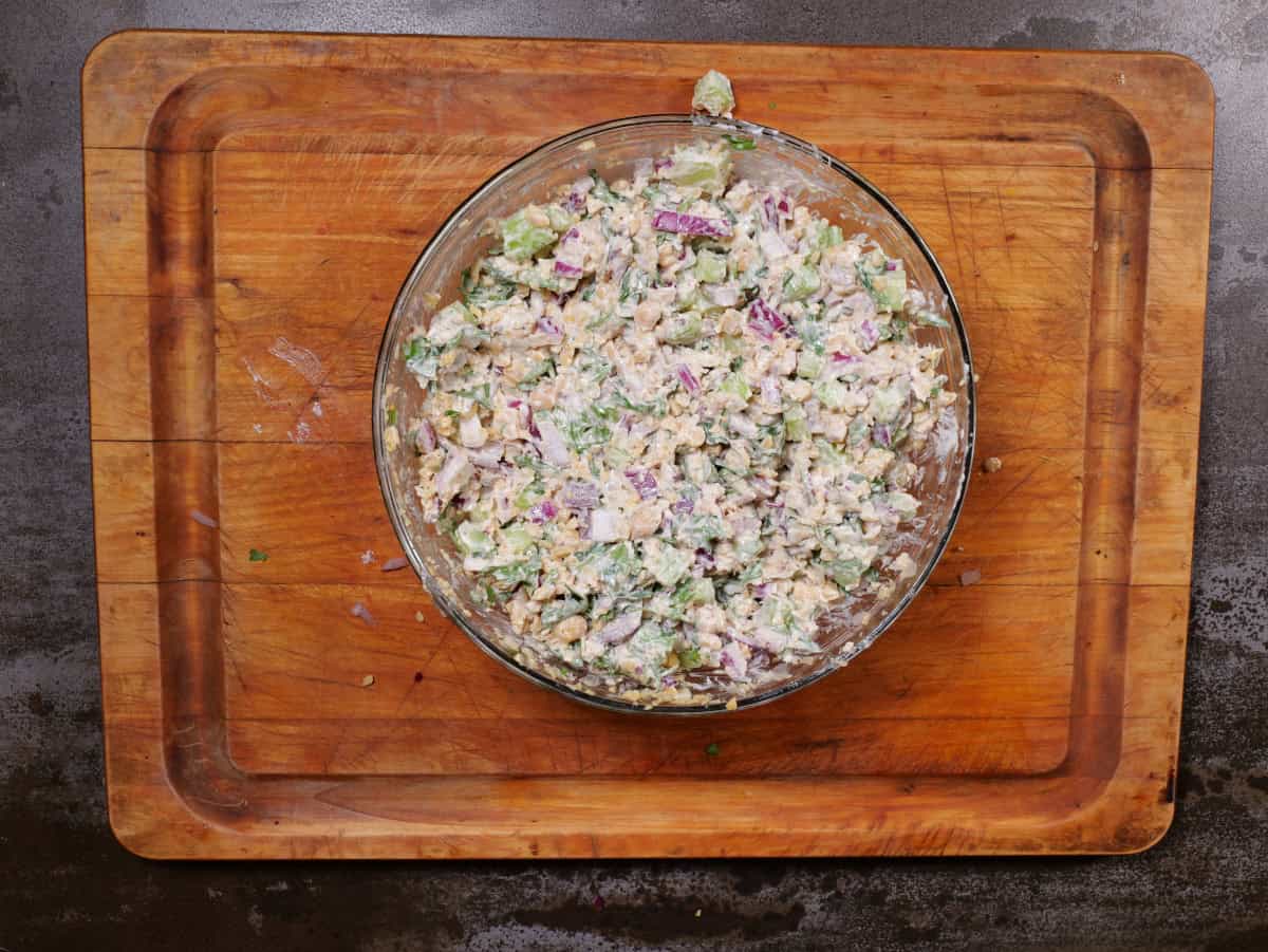 the chickpeas, veggies, and dressings mixed