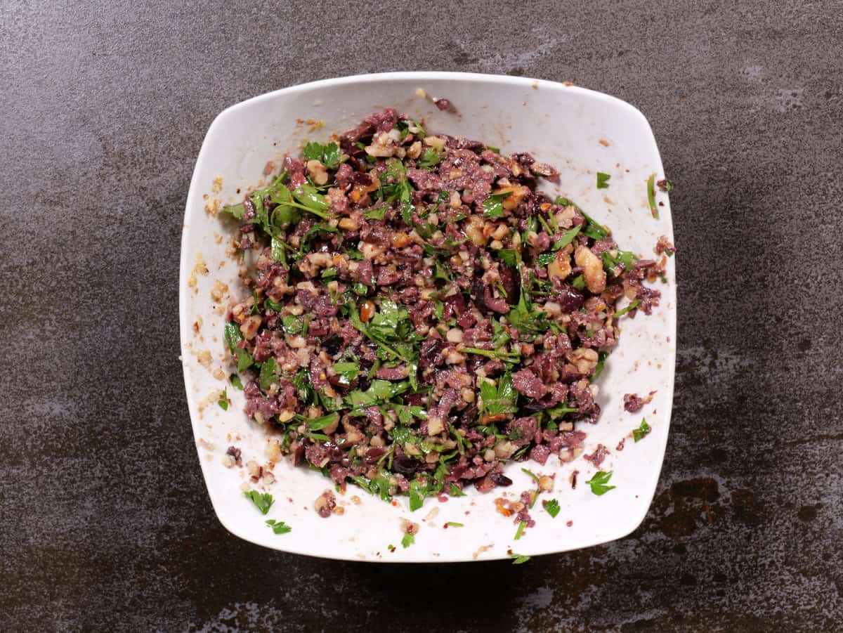 fully mixed olive/walnut tapenade
