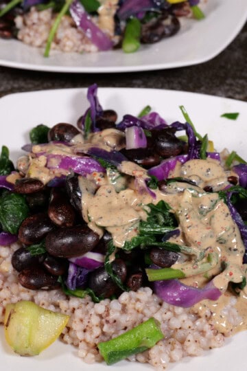 Tahini/lemon/garlic sauce over beans, cabbage, and sorghum.
