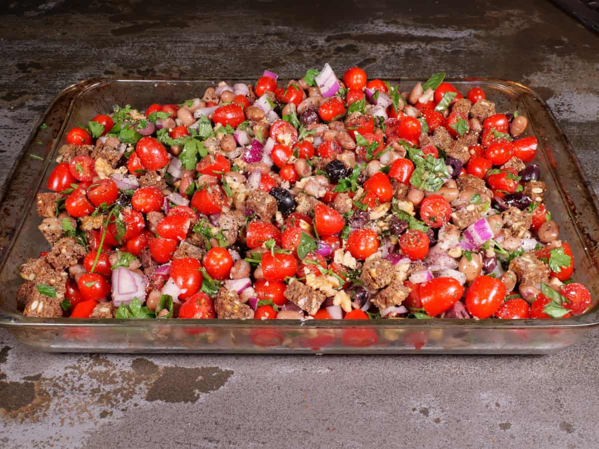The bean bread tomato casserole mixed in the pan