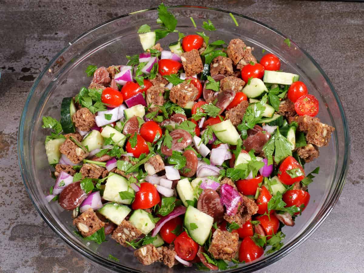 mix the beans, bread, and veggies together