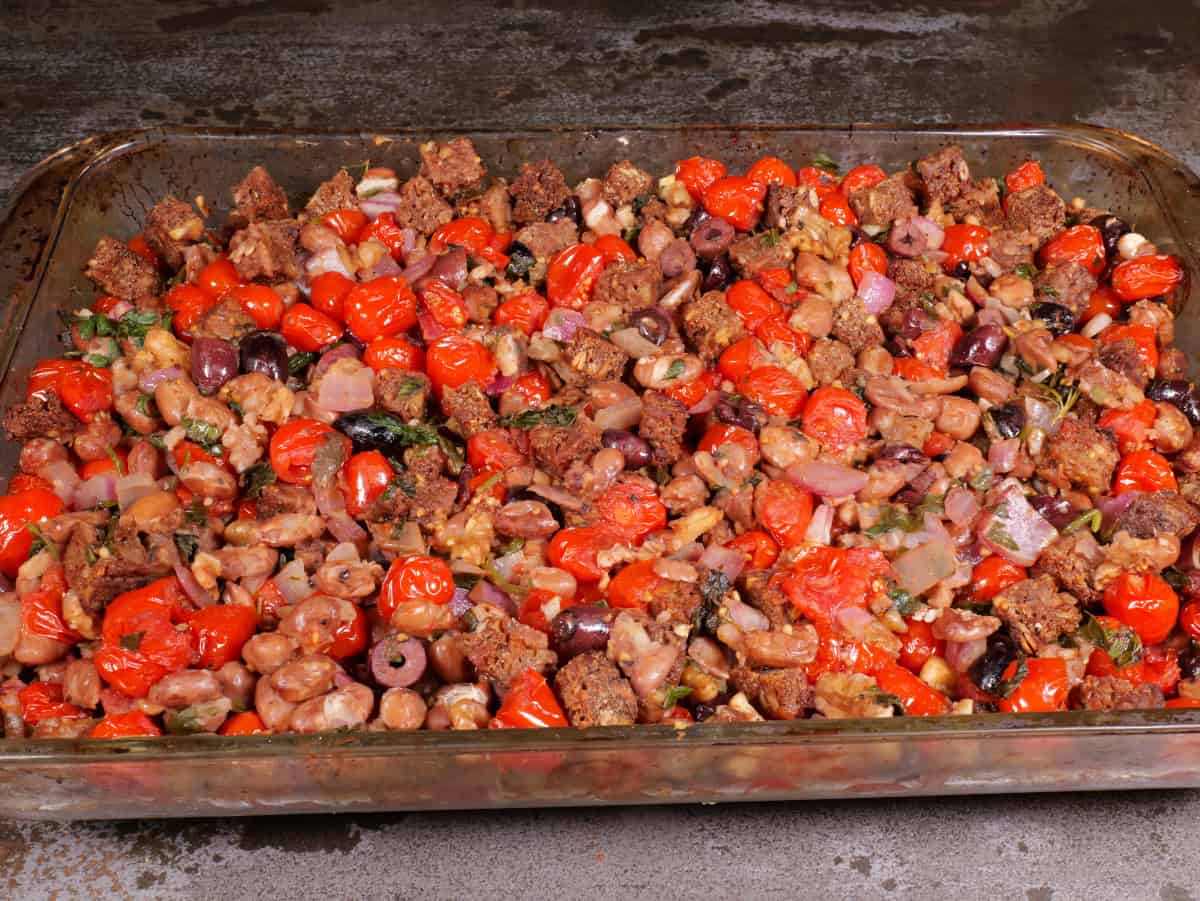 The bean bread tomato casserole after it is baked